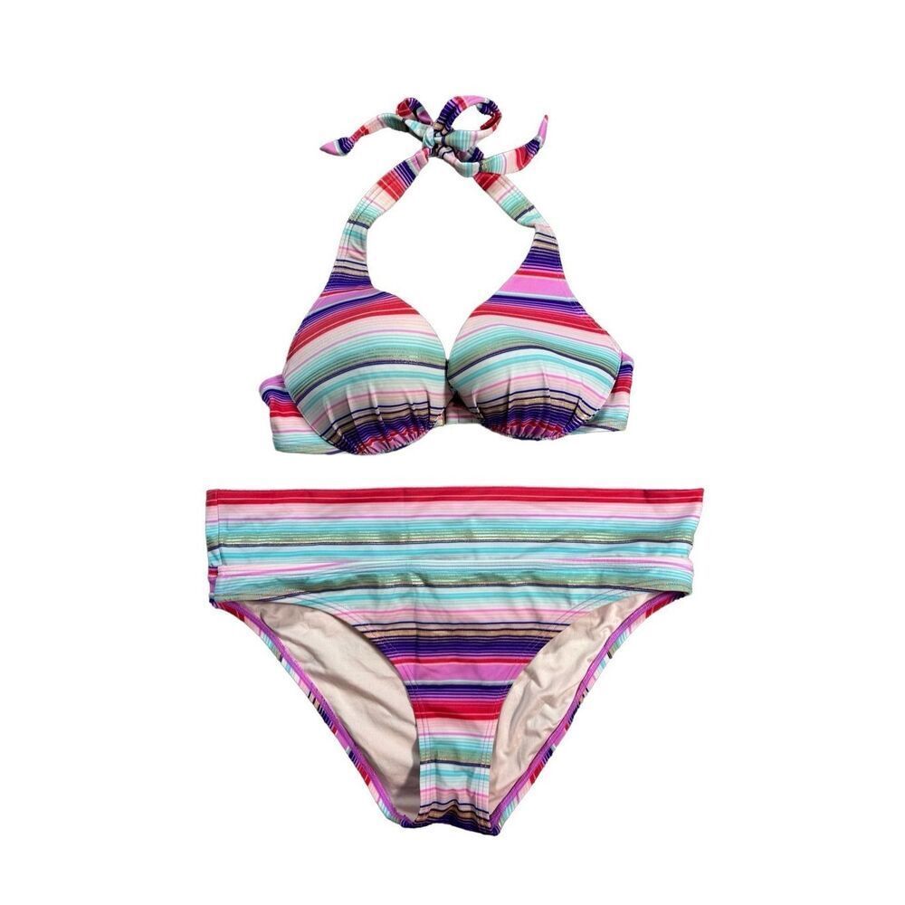 Victoria's Secret Y2K Matching Bikini Swim Set Pad Halter Top Multi Stripe 34C M